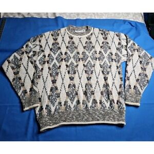 Vintage 90s Cosby Sweater Abstract Argyle JJ Cochran Preppy Cable Knit Large‎